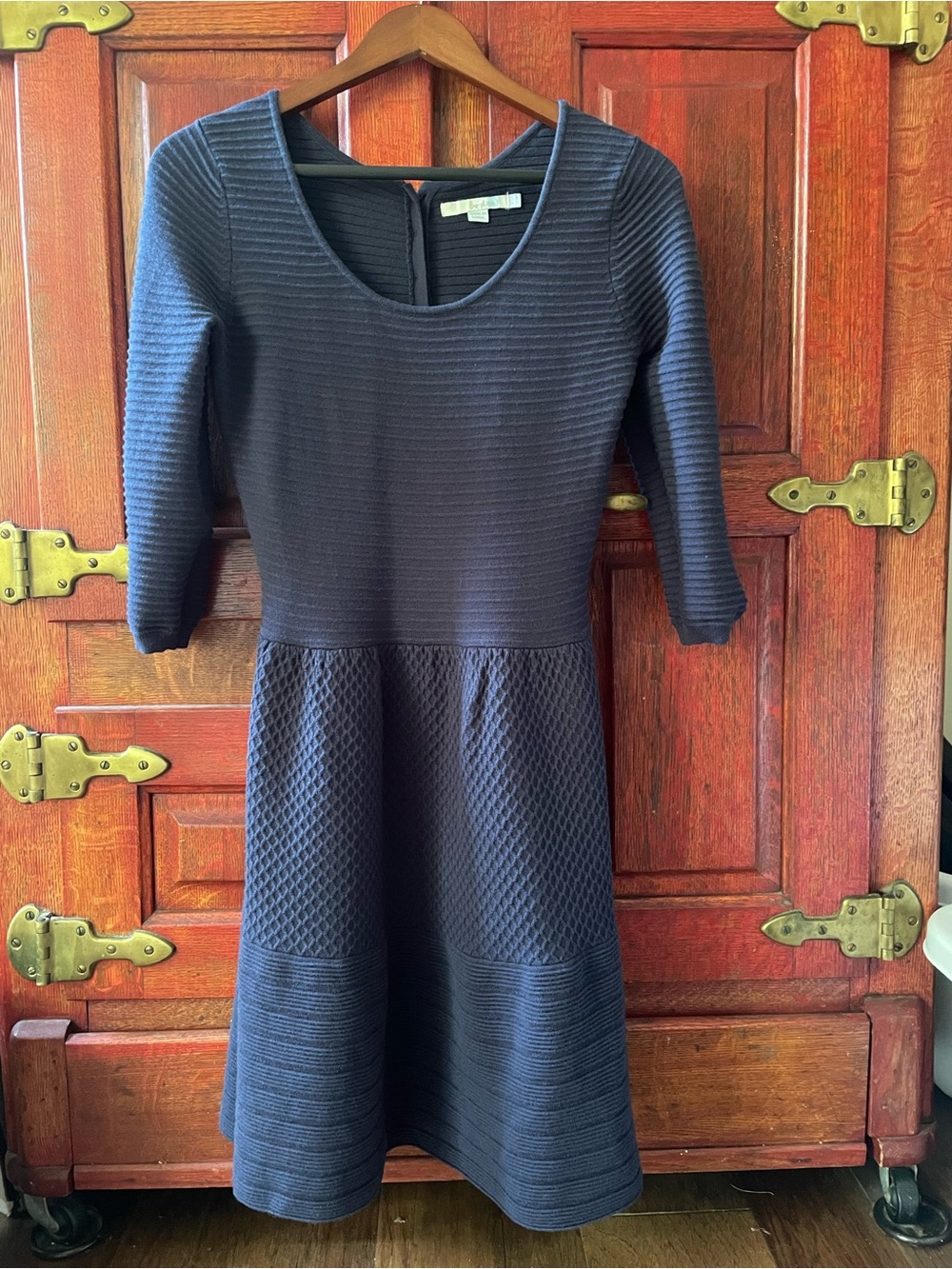 Boden Navy Textured Fit & Flare Long Sleeve cotton Sweater Dress